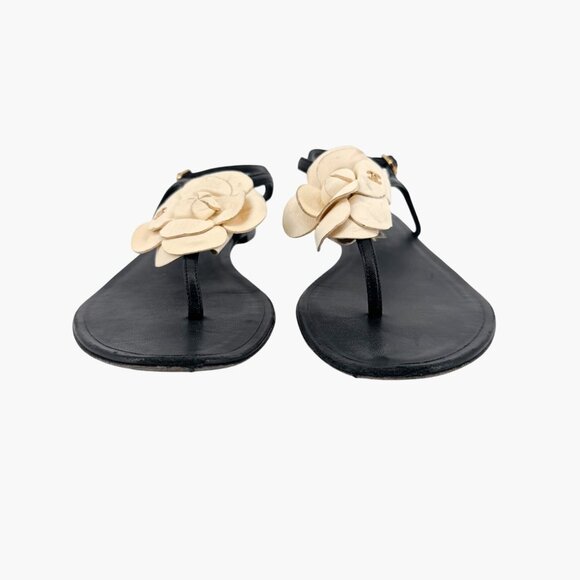 Chanel Camellia Flower CC Sandals Size 37.5C US 6.5-7 Black Leather Flat T-Strap - Picture 5 of 14